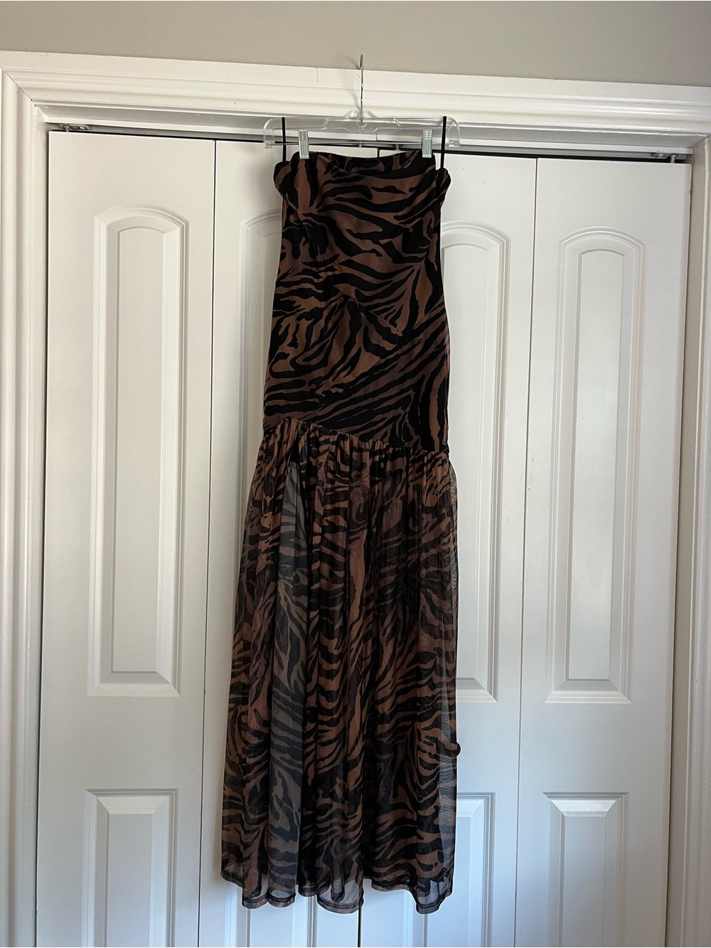 Brown Black Zebra Animal Print Mesh Maxi Dress M
